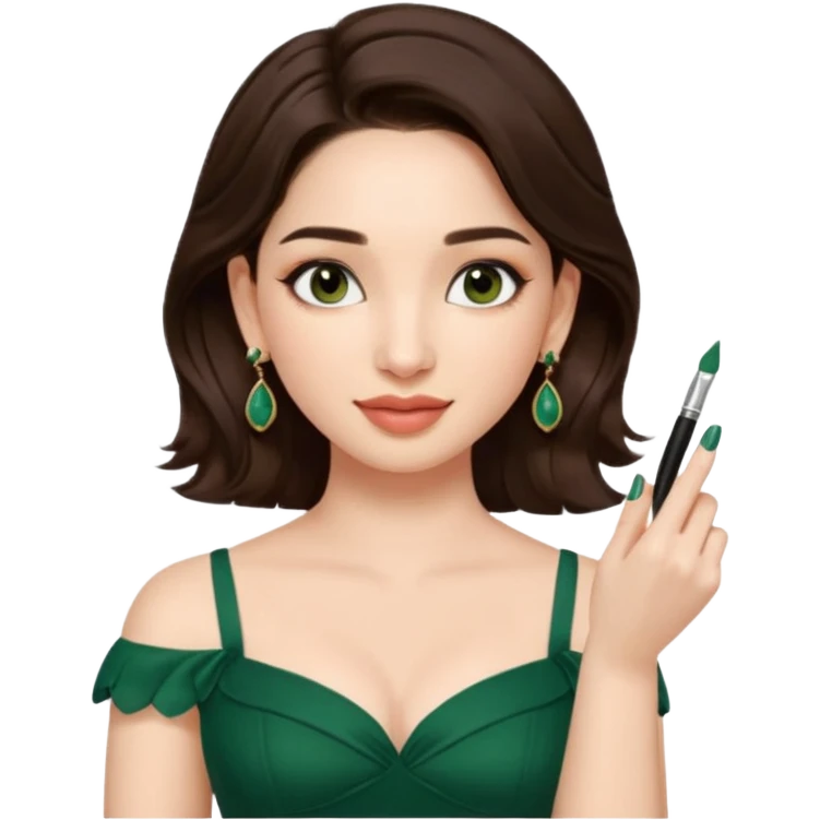 pretty bratz genmoji that looks like tamannah bhatia (bollywood actress), wearing a dark green sweetheart neckline top, dark brown hair, light makeup, no necklace, dangly earrings, side hair part, fair. dark brown eyes


Show her applying something on her face with a finger emoji