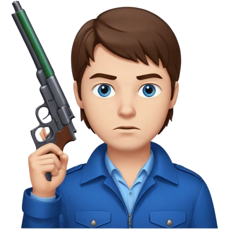 guy w medium long brown hair and blue eyes with gun pointed up at his chin emoji