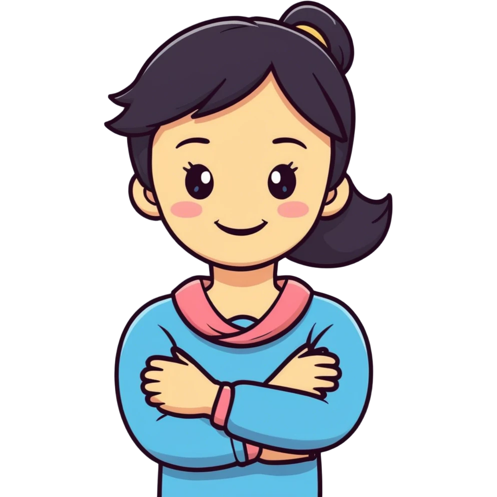 Girl laughing with crossed arms holding neck emoji