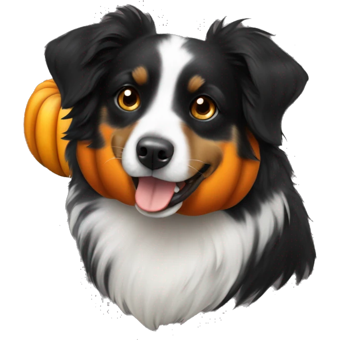 Small black australian shepherd dog in a pumpkin emoji