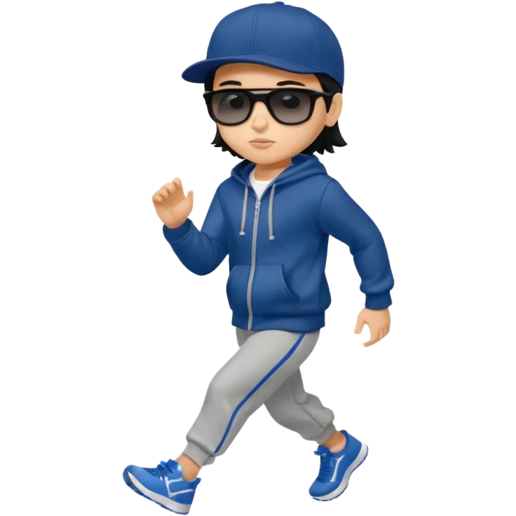 generate a fair pretty bratz boy wearing a dark blue baseball cap with black sunglasses and a grey hoodie jogging

hair black  emoji