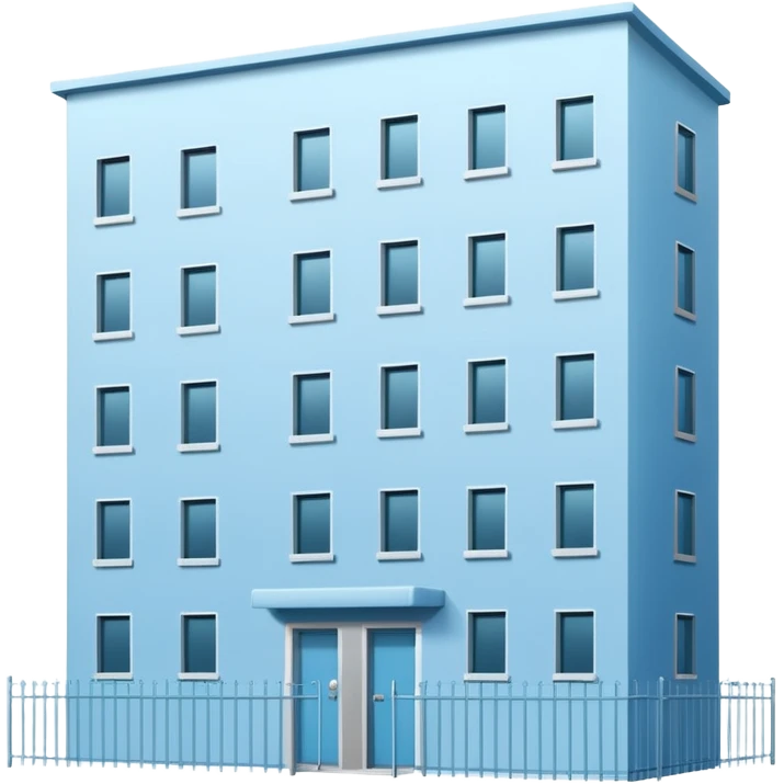 light blue rectangular 9-story apartment building surrounded by fence, closed courtyard, minimal flat vector icon, friendly clean design emoji