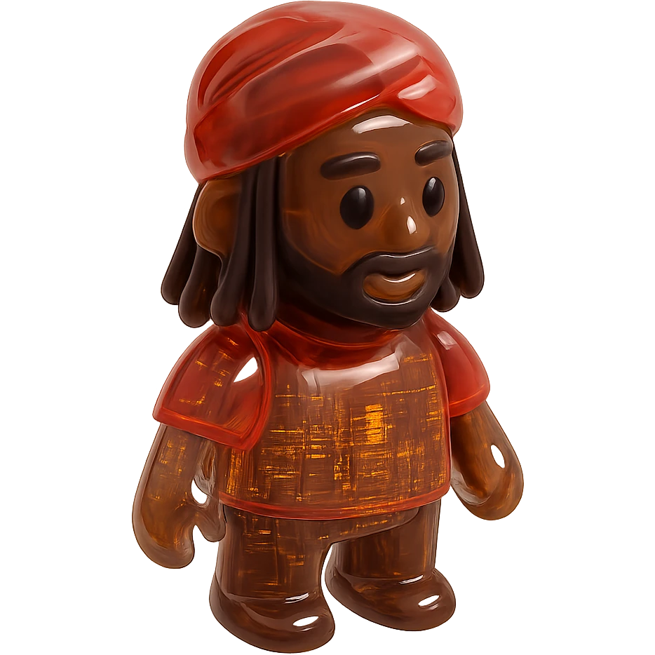 Brownskin man with long brown dreadlocks 
red t-shirt 
red turban 
expression is dance emoji
