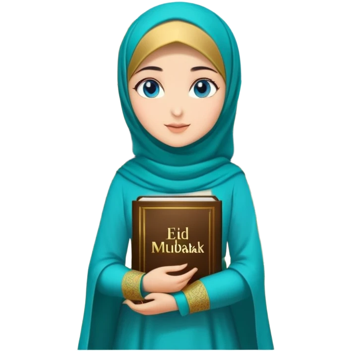 Turkish beautiful finish Konya girl blue eyes with gold hijab and islamic long tailed turquoise dress on the ground at her home garden and had on her hand text Eid Mubarak  emoji