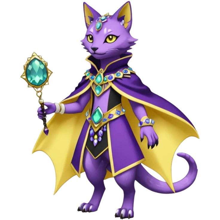Kawaii cute Violet Yellow Black beautiful pretty elegant divine edgy feline-vernid-sergal-Fakémon-Pokémon-Digimon-fursona-animal-creature, full body, with intricate detailed markings, Embroidered capelet, Gem-studded horn ring emoji