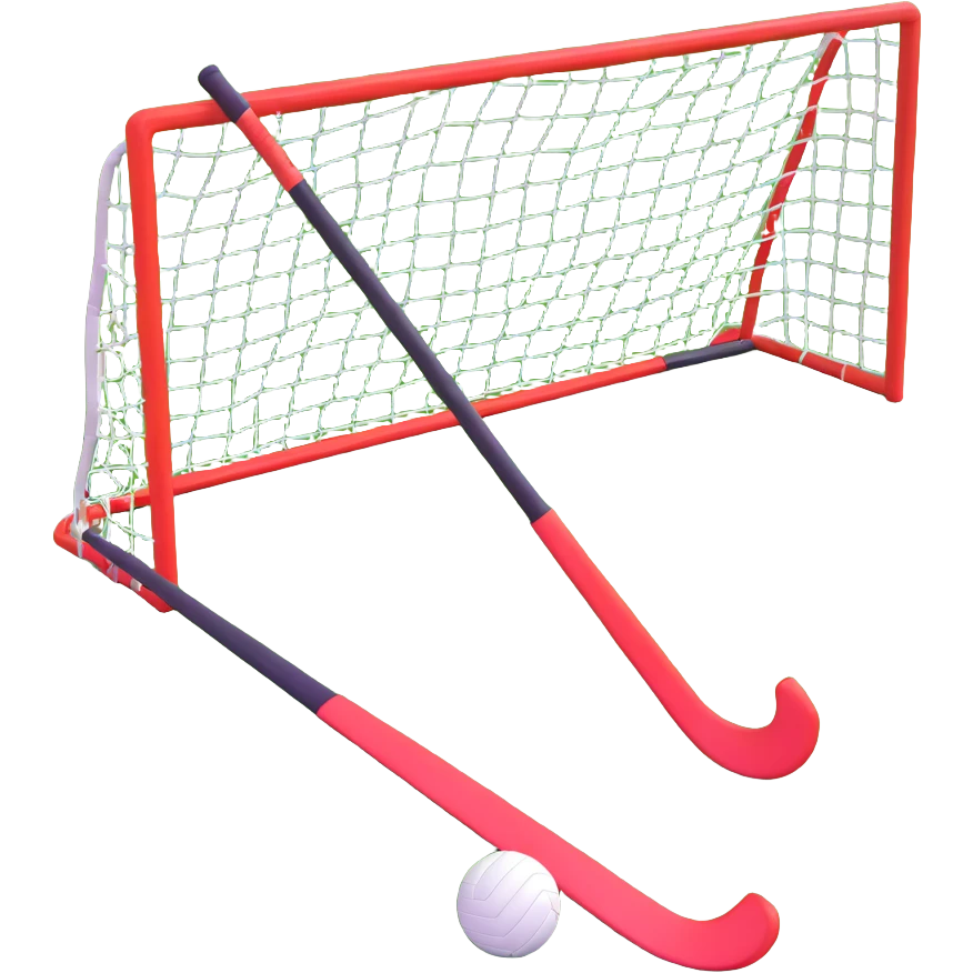 field hockey stick and ball on vibrant green grass field with goalposts emoji