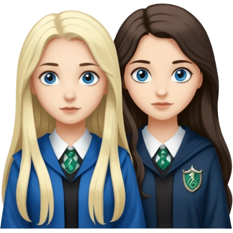 a pretty ravenclaw girl with long dark brown hair and blue eyes standing with a pretty Slytherin girl with long blonde hair, blue eyes emoji