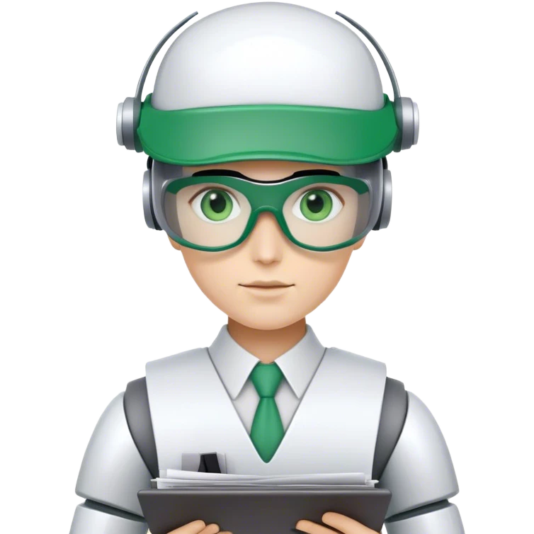 human like robot bookkeeper wearing  accountant Green eyeshade visor  and holding spreadsheets emoji