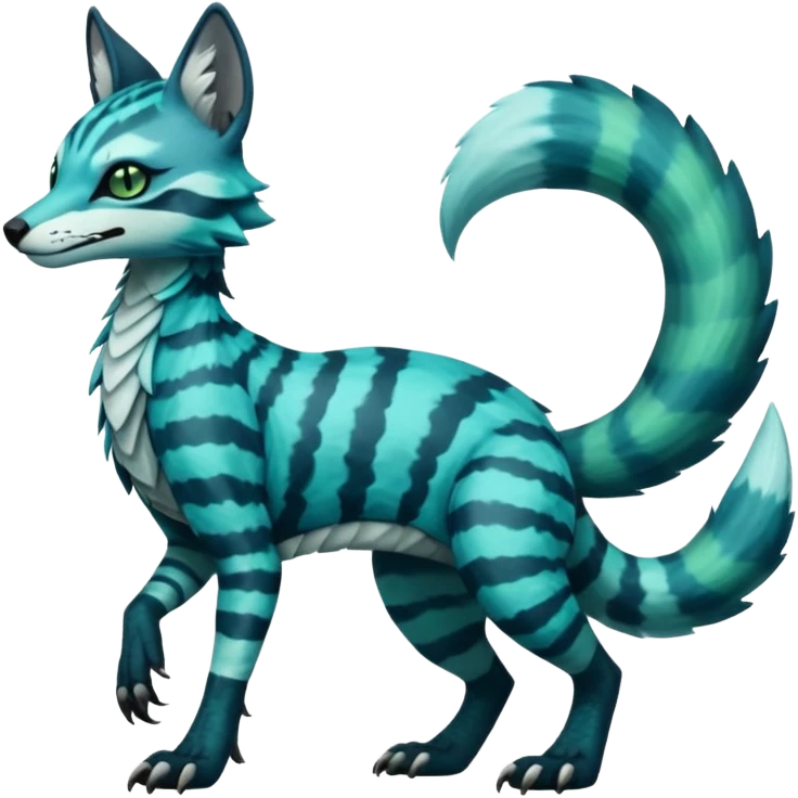 zig-zag-patterned striking blue-cyan-minty-green-gradiented with dark undertones, white underside, thunderous stormy edgy badass realistic Vernid-Sergal-Genet-Trico-species by LiLaiRa, full body emoji