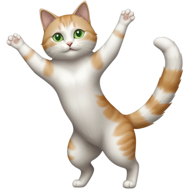 grey and white cat with green eyes doing a big extremely long stretch reaching up into the air with arms and legs side by side together straight and overextended emoji
