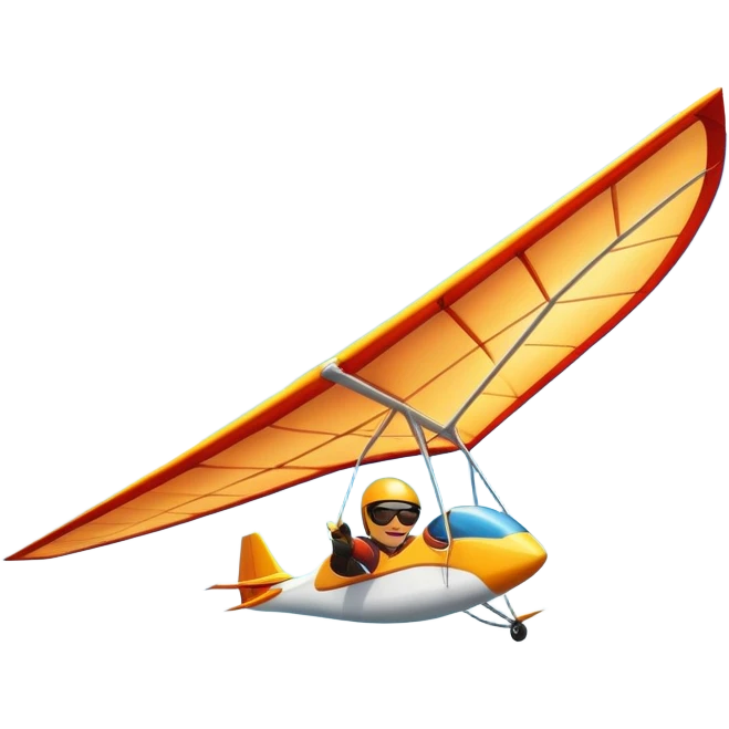 A hang glider soaring through a bright blue sky, wings wide open as the pilot glides gracefully above mountains or coastline. The scene captures the sense of freedom, height, and serenity, with sunlight illuminating the glider and soft clouds drifting nearby. emoji