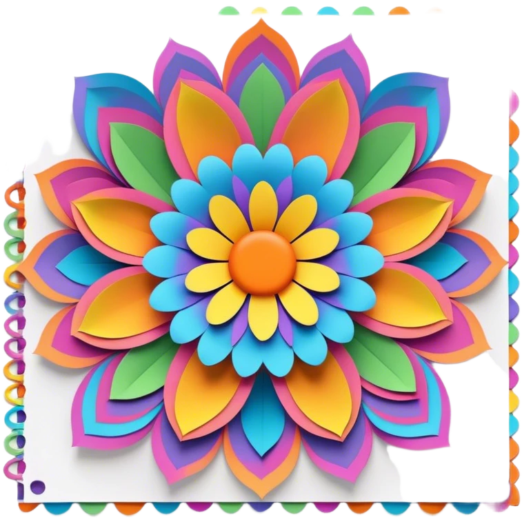 3D, psychedelic colored note paper with hippie style flower border emoji