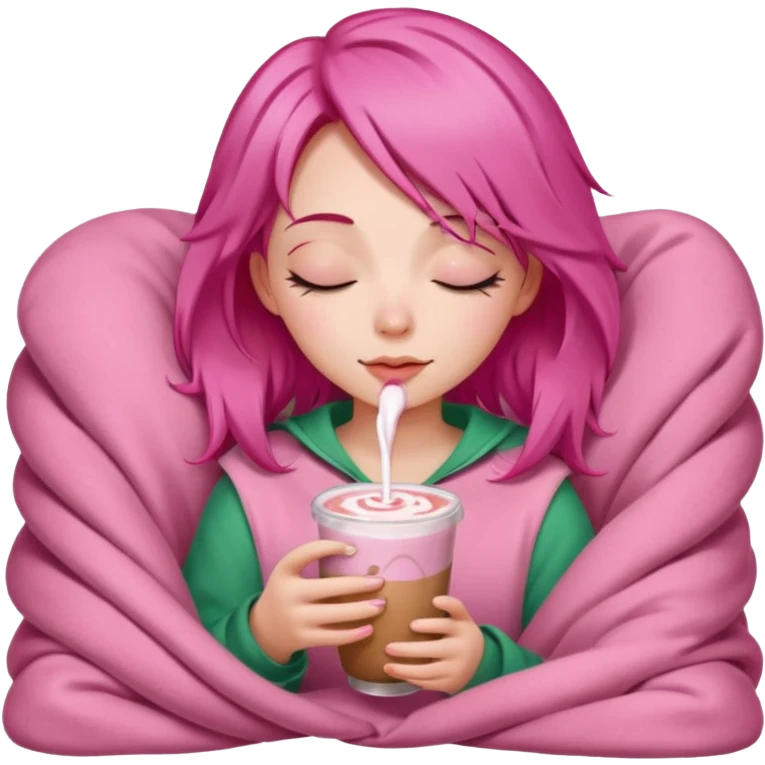 girl with pink hair inside a pink blanket sipping strawberry latte eyes closed emoji to use or share on Discord and Slack. emoji