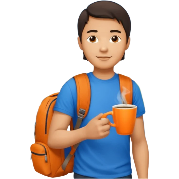 an asian man in blue t-shirt with orange cup of coffee and backpack on the back. Eiffel tower on the background. shoulder length  emoji