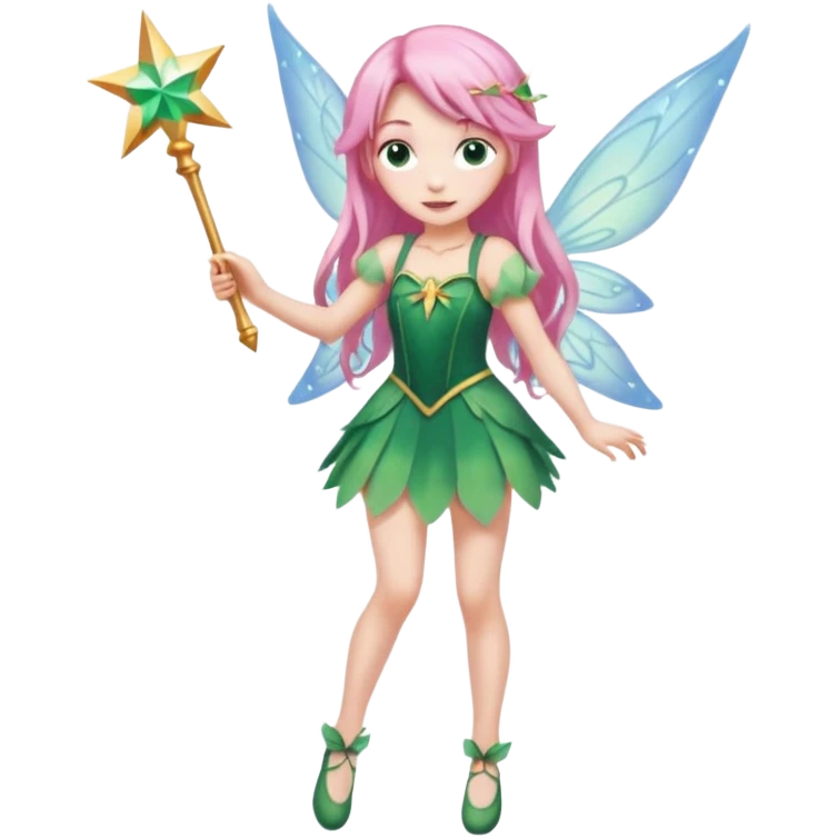 A flower fairy girl with long, light pink hair, holding a magic wand, one leg straight and the other bent, her whole body covered in fairy wings like Wendy's in Peter Pan. emoji