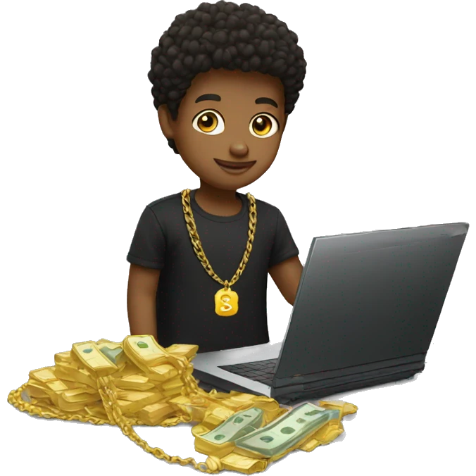 BOY WITH MONEY AND LAPTOP WITH GOLD CHAIN AND BLACK TEE emoji