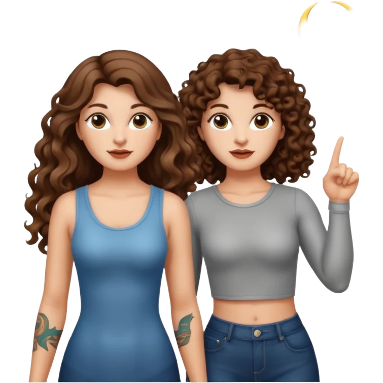 moon symbol discovery — long wavy brown hair tattooed woman and short tight curly brown hair woman — pointing up emoji