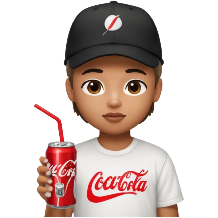 generate a pretty bratz boy with a nike black baseball cap, a white tshirt and drinking coke  emoji