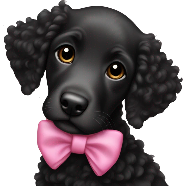female black curly retriever puppy with pink bows above her ears emoji