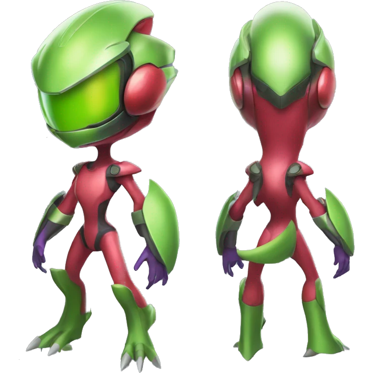 a shiny Genesect-Flygon-Raptor-Fakémon—hybrid with a futuristic visor-helmet full body emoji