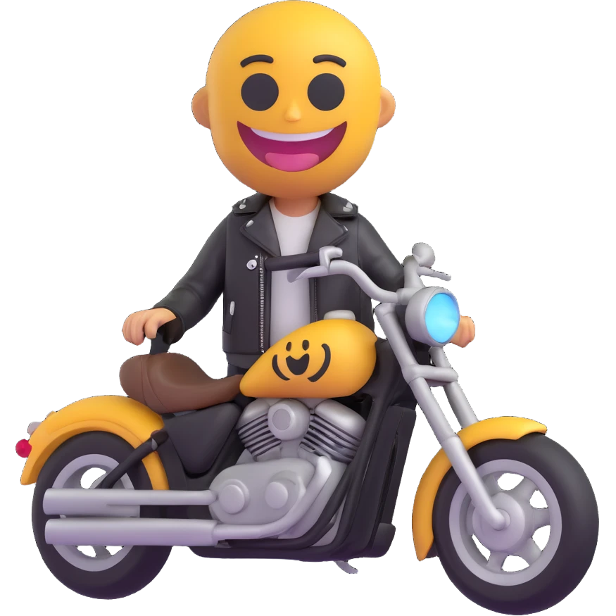 3D smiley emoji, round shape, motorcyclist with tattoo: leather jacket, visible tattoo, funny face emoji