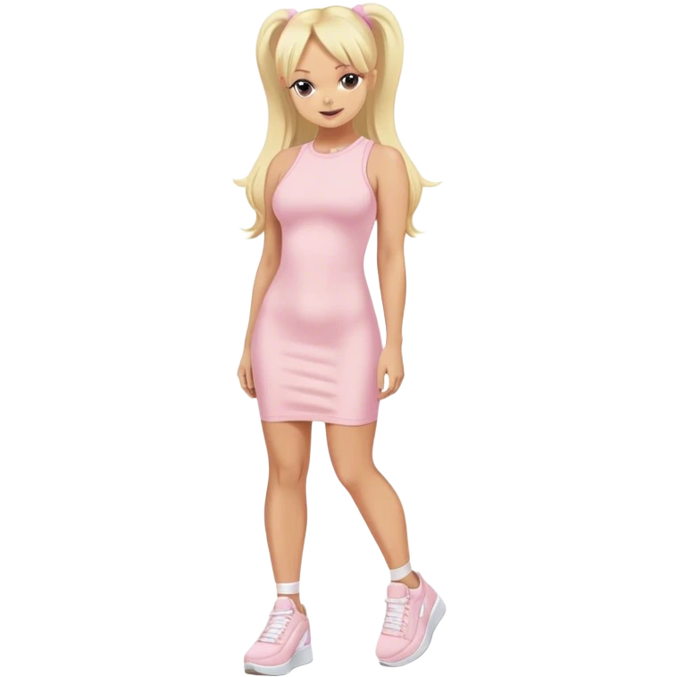 Emma Bunton with long blonde ponytails wearing light pink bodycon dress with white platform sneakers emoji
