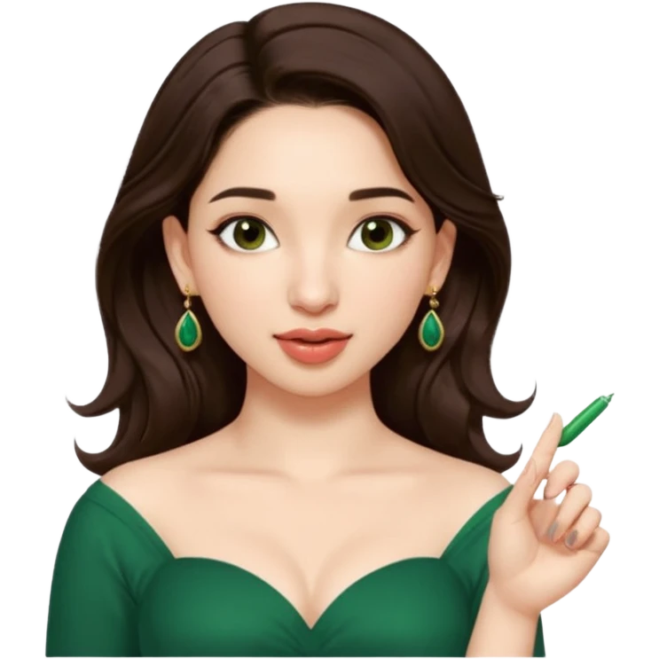 pretty bratz genmoji that looks like tamannah bhatia (bollywood actress), wearing a dark green sweetheart neckline top, dark brown hair, light makeup, no necklace, dangly earrings, side hair part, fair. dark brown eyes


Show her licking her finger  emoji