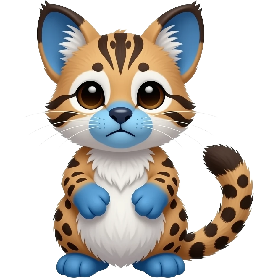 realistic sad precious cute young vertical-dark-brown-striped-and-vertical-white-striped Fakémon-Pokémon-feline-Zeraora-vernid-serval-caracal-chinchilla-Cinccino-rodent-hybrid-creature (full body) with cobalt-blue muzzle, cobalt-blue puffy fluffy paws, tufted spotted lynx-ears, spotted leopard tail emoji