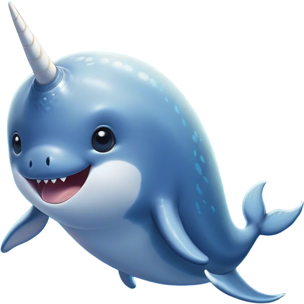 Cinematic Comical Cute Narwhal Portrait Emoji, Head tilted dramatically with an exaggeratedly amused expression, featuring a uniquely curved tusk, a sleek body with wide, comically expressive eyes brimming with playful disbelief, Simplified yet hilariously expressive features, highly detailed, glowing with a slightly sassy oceanic glow, high shine, dramatic yet playful, stylized with an air of cheeky marine mischief, soft glowing outline, capturing the essence of a meme-worthy cute narwhal that looks ready to side-eye its way into viral fame! emoji