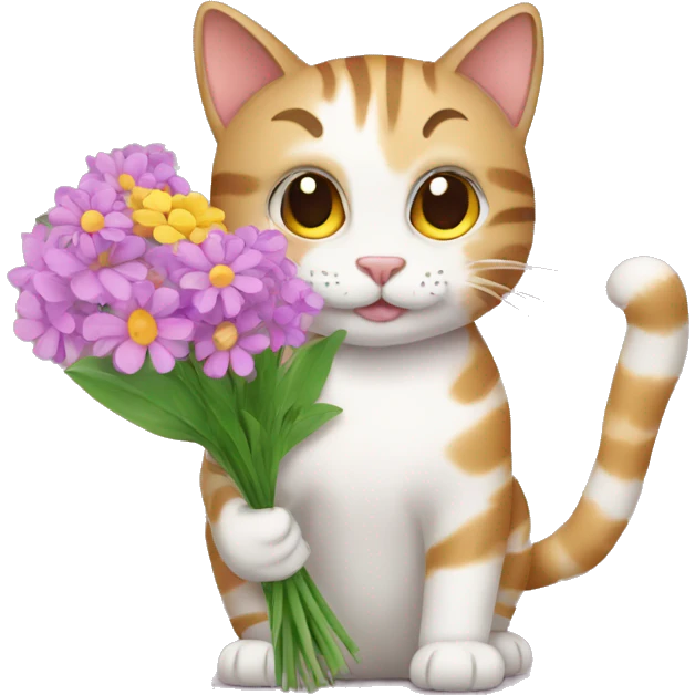 a tabby cat hold various flowers emoji