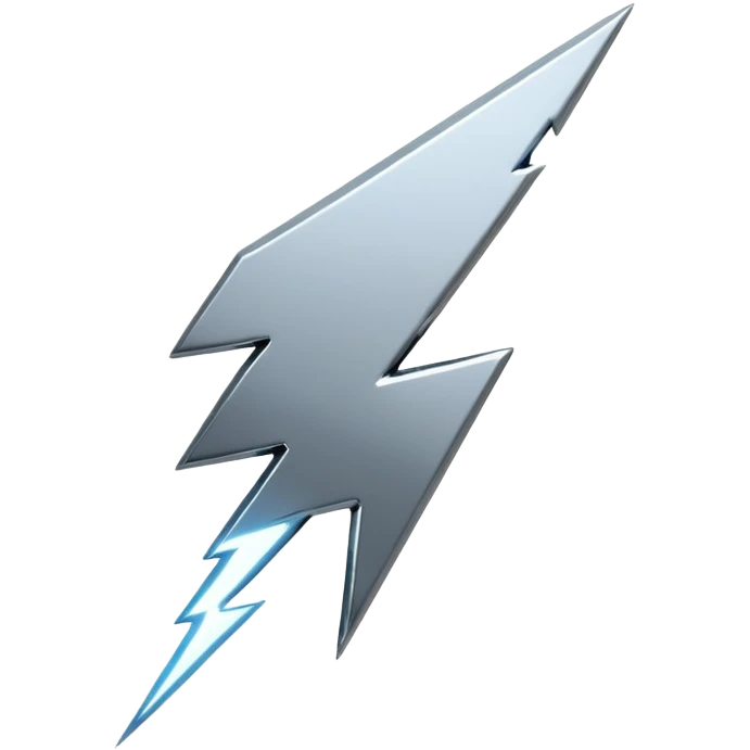 A lightning bolt emoji made of polished silver chrome, sharp yet rounded edges, glossy metallic surface, soft reflections, minimal futuristic design, iOS emoji style, centered, clean white background emoji