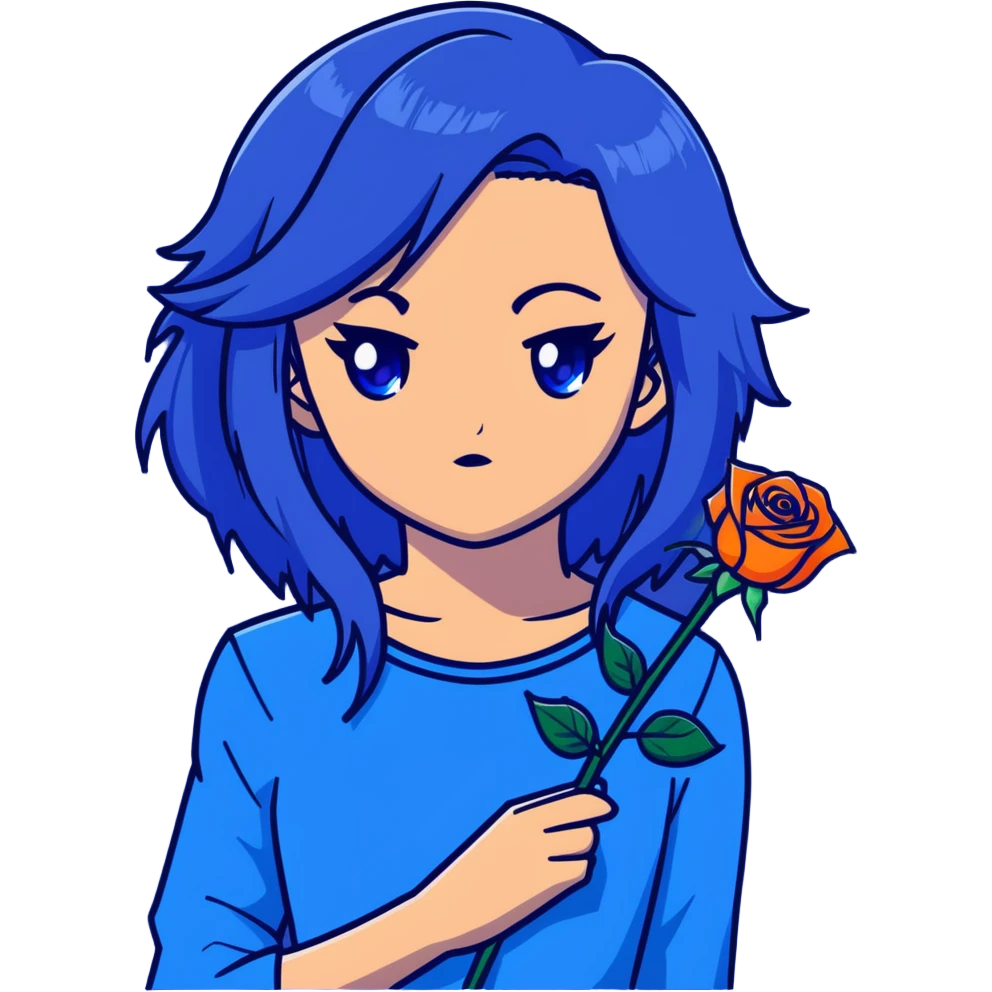 head portrait of anime girl with long dark blue hair, blue rose in hair, intense glaring blue eyes, dramatic JoJo's Bizarre Adventure style expression, sharp angular features, extreme close-up, dynamic pose emoji