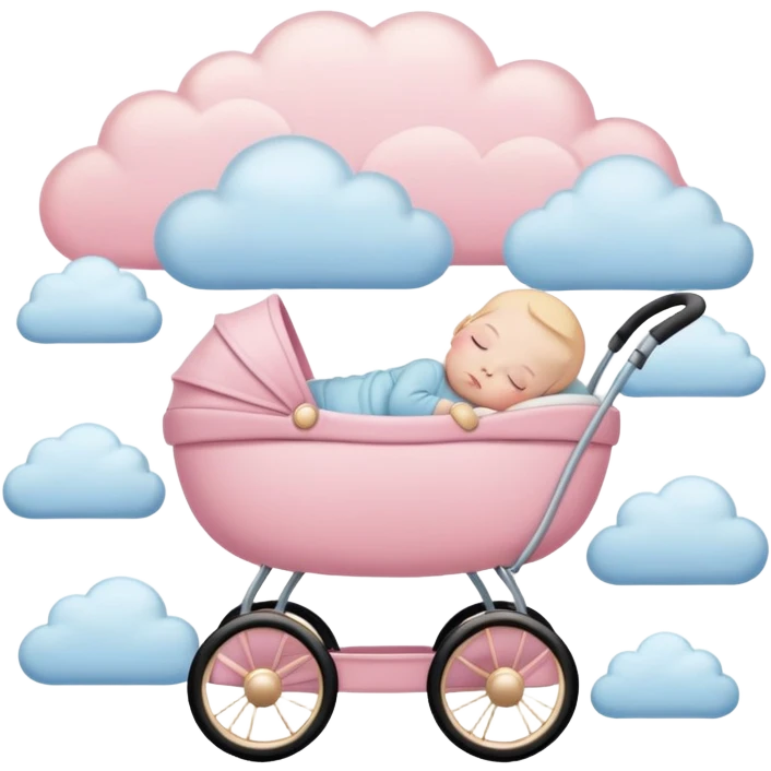 sleeping baby with closed eyes in pink and beige stroller with pastel blue clouds around it emoji