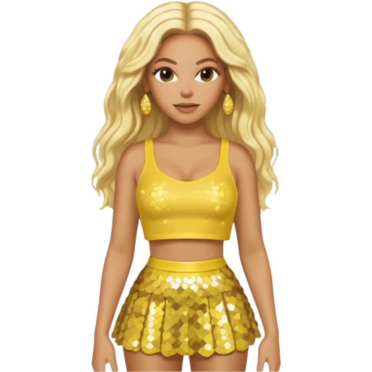 Beyonce with long platinum blonde hair, yellow sequin crop top and skirt emoji