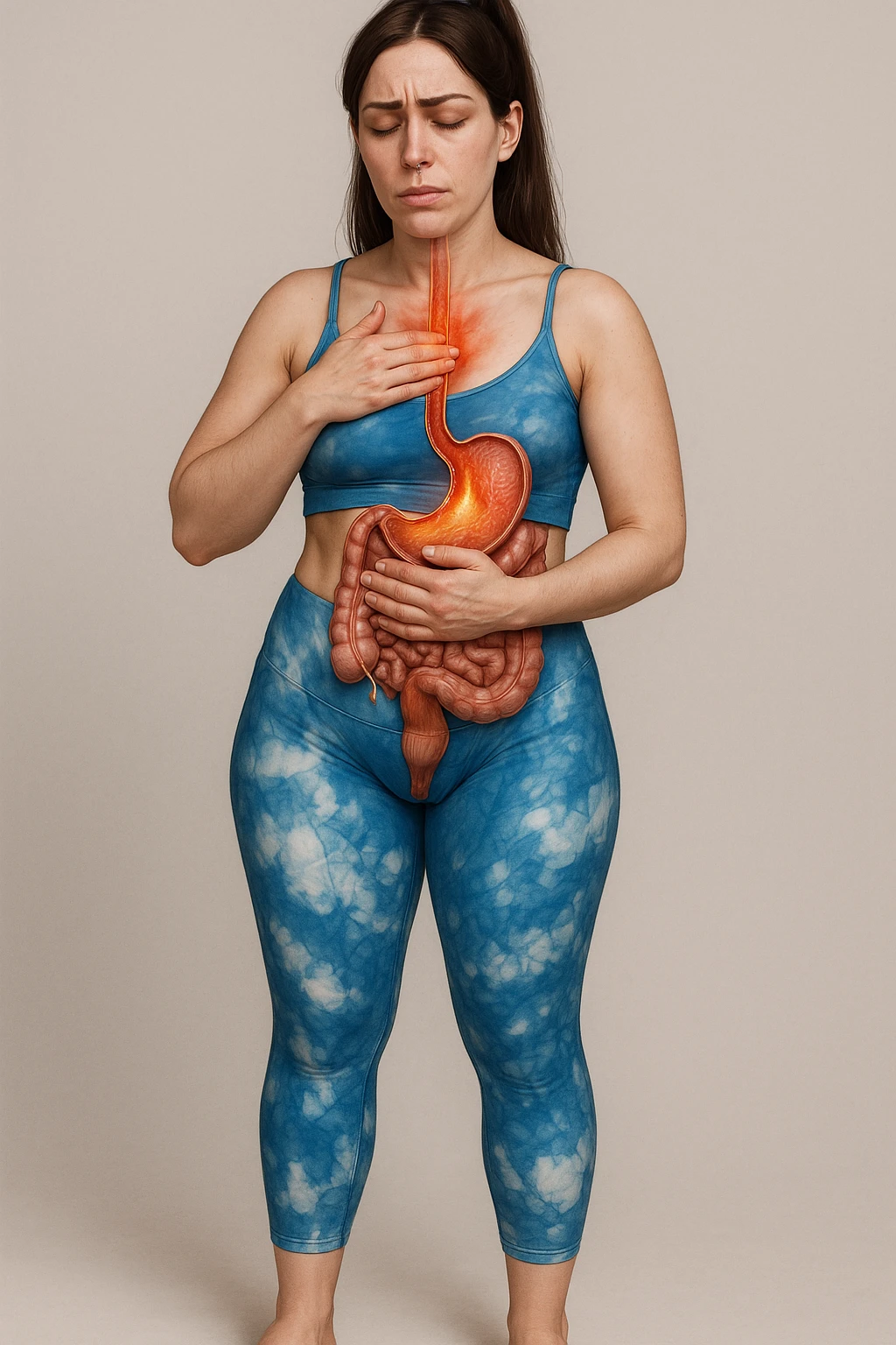 Realistic anatomical illustration of a woman in sportswear inspired by the reference photo, with one hand on her chest and one on her belly, expression of heartburn. Highlight esophagus, stomach, and involved organs, neutral background. emoji