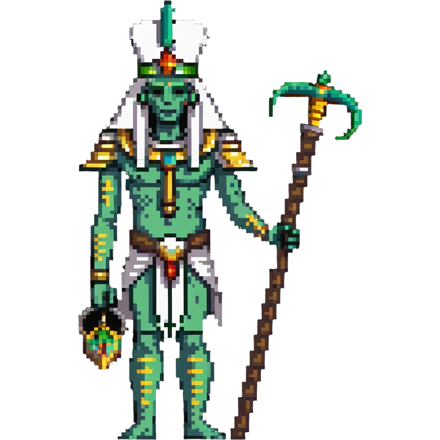 Egyptian god Osiris with green skin, mummified body, white Atef crown with feathers, holding crook and flail emoji