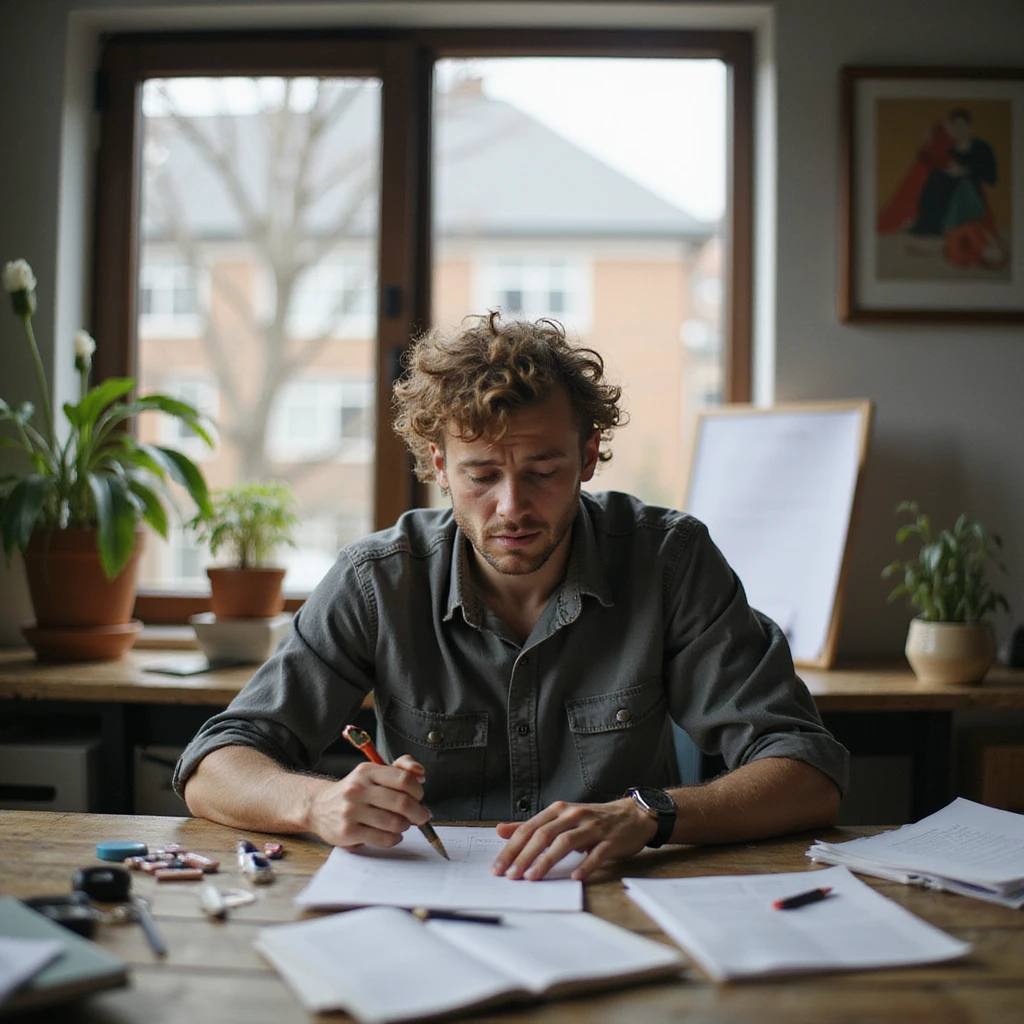 realistic image of a person at a desk, working hard with papers and creative tools scattered around, showing both excitement and a bit of stress emoji