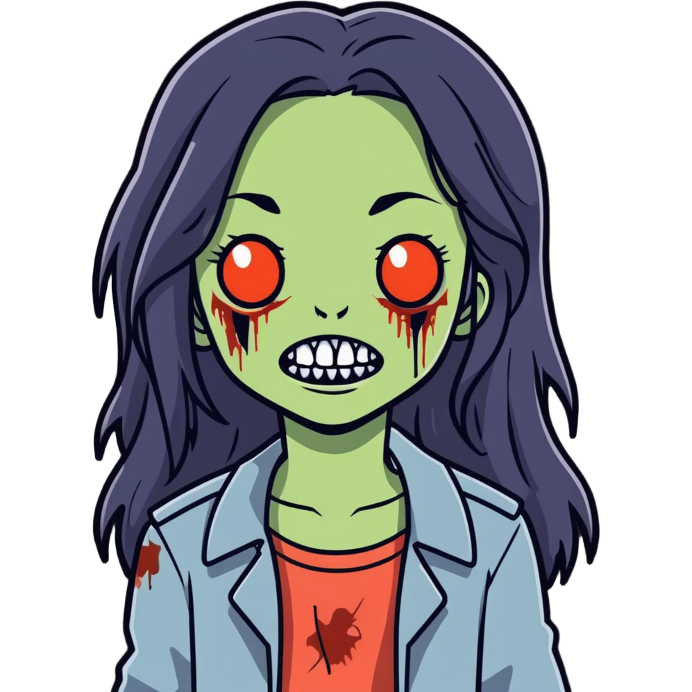 girl zombie with black long hair with teeth and serious face emoji