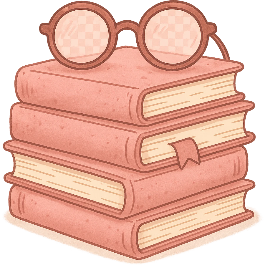 pink cozy stack of books with reading glasses, warm and inviting emoji