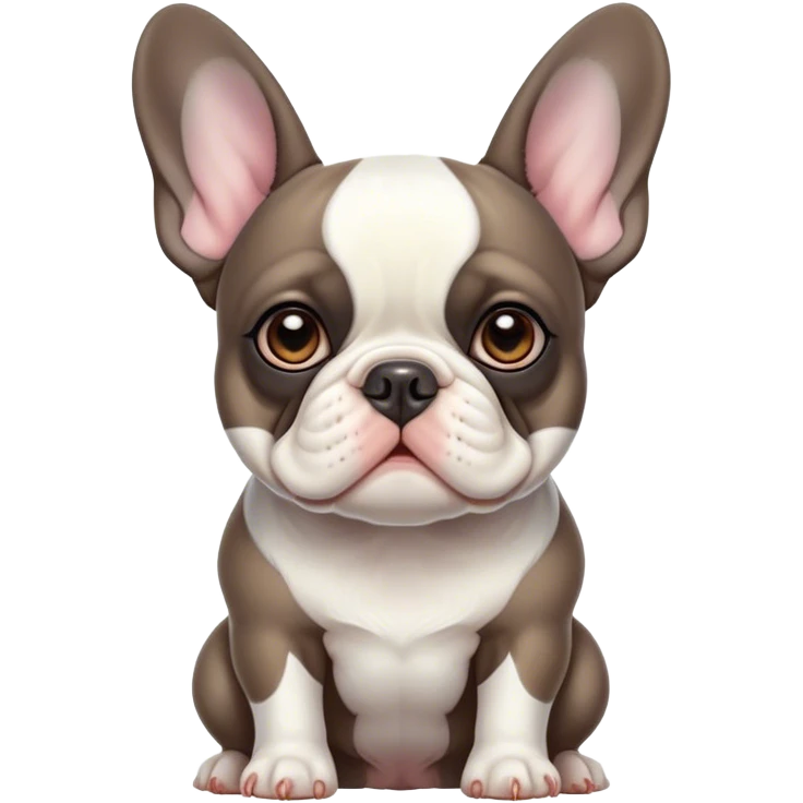 Cinematic Noble Pied French Bulldog Portrait Emoji, Radiating regal yet playful charm, with a distinctive pied fur of contrasting hues and a sculpted, expressive face featuring gentle, wise eyes and a confident stance, simplified yet artistically detailed, glowing with a soft, sophisticated radiance, high shine, exuding intelligent nobility and refined flair, soft glowing outline, capturing the essence of a noble Pied French Bulldog that embodies both strength and grace! emoji