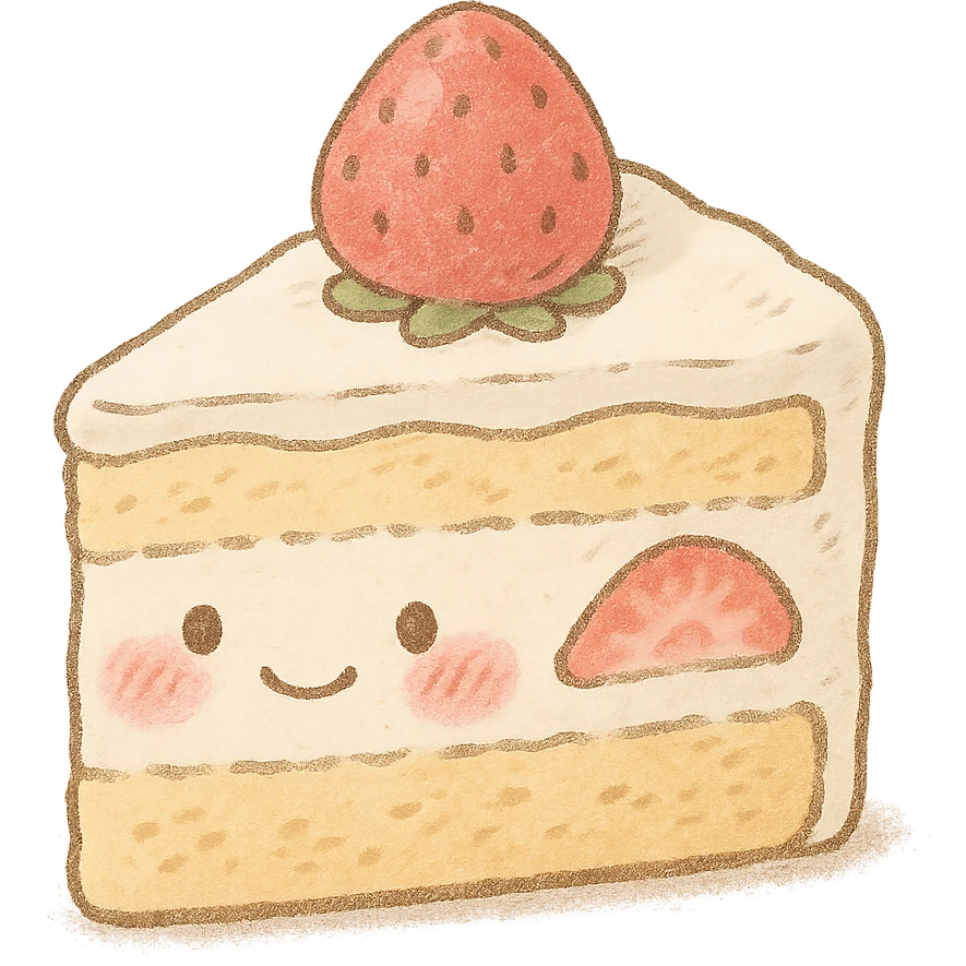 kawaii strawberry cake slice, soft pastel Japanese hand-drawn style, full object, transparent background, with blushing cheeks emoji