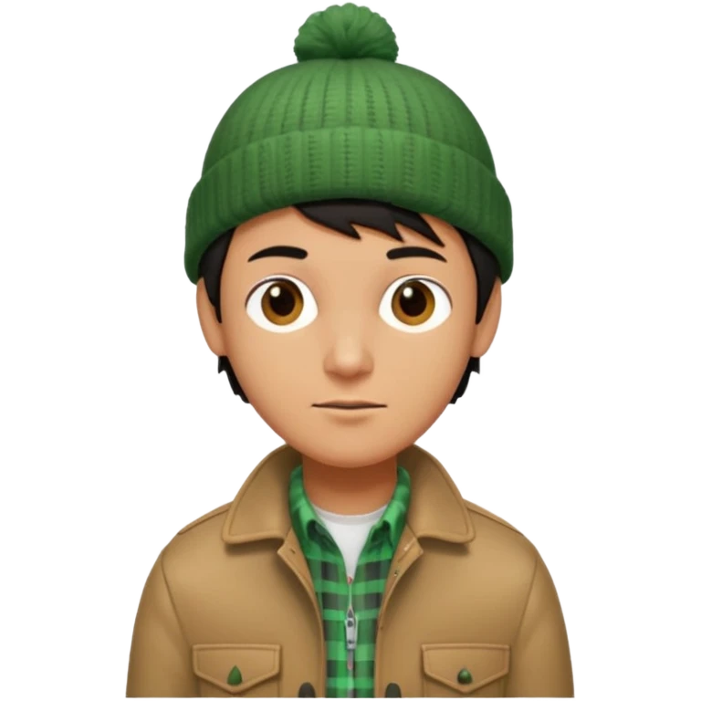 young man with longish black Beatle haircut, brown eyes, tan complexion, green beenie hat, tan jacket, checked shirt , pork chop sideburns emoji