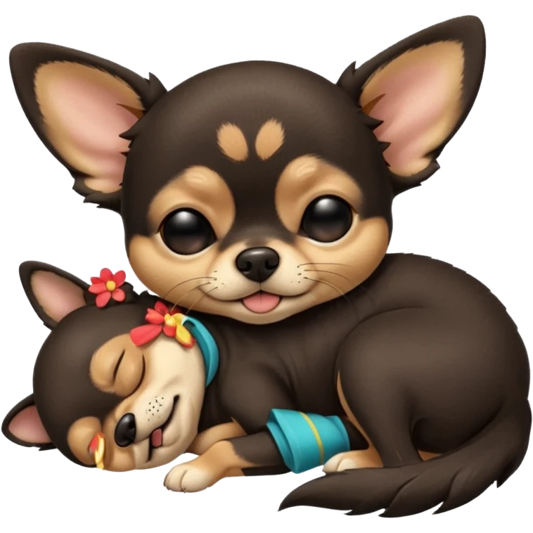 A high-resolution photo-realistic digital illustration of a cute black and tan chihuahua with eyes closed shut sleeping lazily on the ground emoji