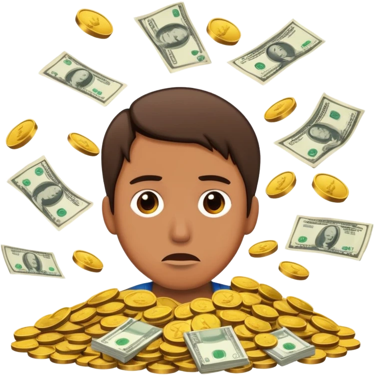 surrounded by coins and bills, looking confused emoji