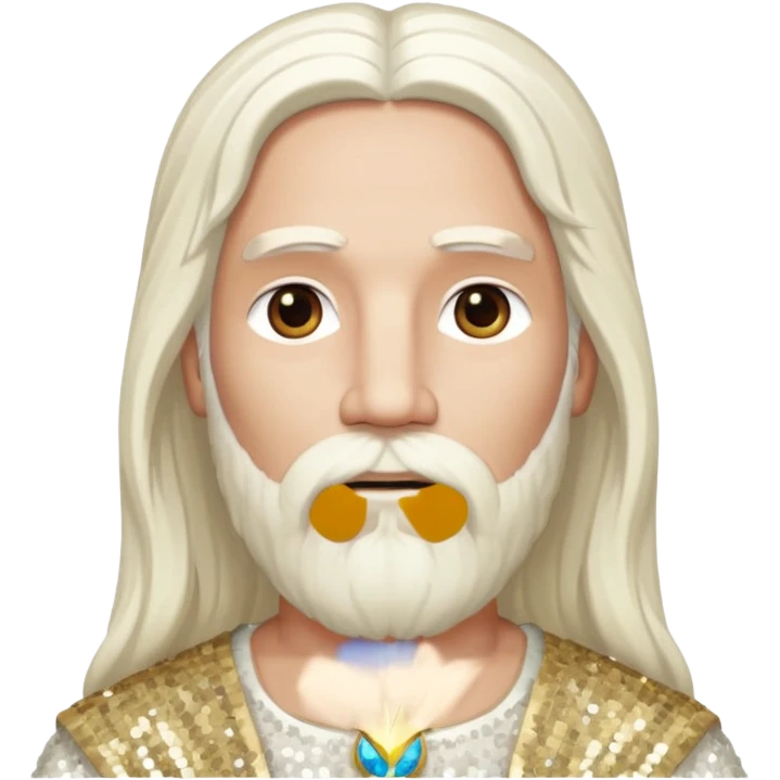 Jesus, Son of God from Gods and Goddesses with long white hair and beard, ivory sequin outfit emoji