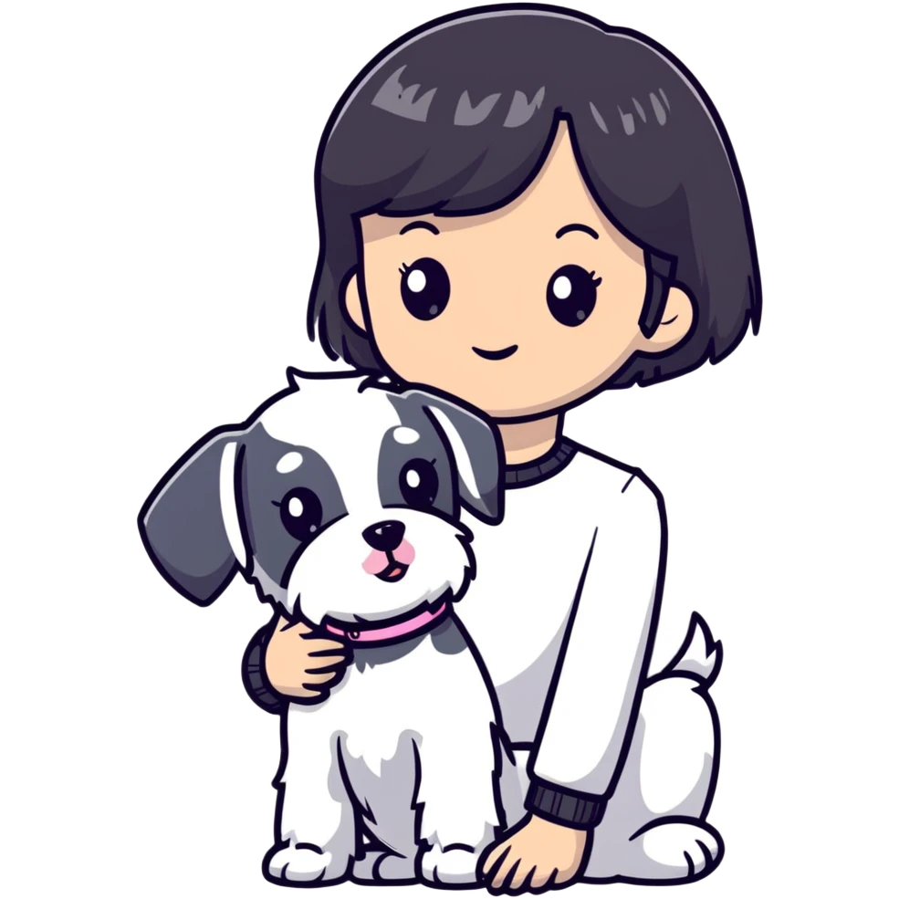 Girl with short black hair and bangs holding a white schnauzer dog emoji