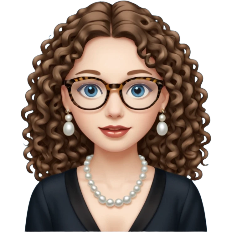 a blue eyed woman with very long brunette curly hair, full lips,and really pale skin. She is wearing a leopard printed thin round-ish glasses . She is wearing fully plain silky black dress. She is wearing pearl necklase and pearl earrings. saying hello emoji