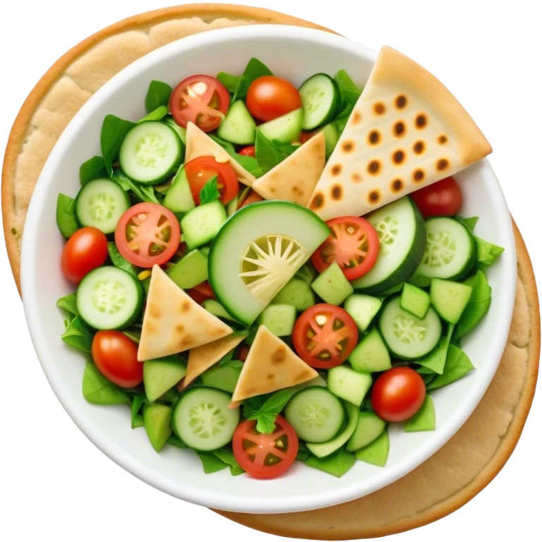 Cinematic Realistic Fattoush Salad Dish Emoji, depicted as a colorful medley of greens, tomatoes, cucumbers, and crispy pita rendered with vibrant textures and refreshing lighting. emoji