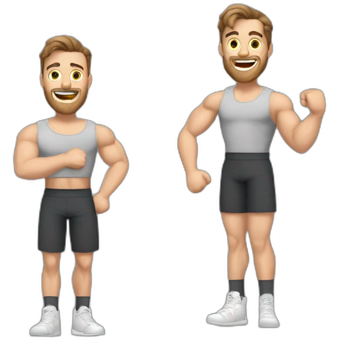 Full height Actively gesturing with hands Pale skinned Fit Man With the biceps and brown hair in dark gray Sleeveless Mike, black oversize sports shorts, watch and white Sneakers emoji