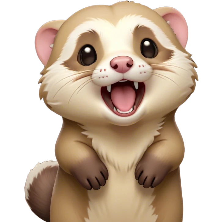 Cinematic Cute Yawning Ferret Portrait Emoji, Head tilted slightly with an exaggerated, wide-open yawn, showcasing a long, flexible body with a plush coat in soft brown and cream, droopy, drowsy eyes, and a relaxed expression, Simplified yet irresistibly endearing features, highly detailed, glowing with a soft, cozy natural glow, high shine, relaxed yet expressive, stylized with a dash of whimsical charm, soft glowing outline, capturing the essence of a sleepy yet affectionate ferret that seems ready to curl up for a nap! emoji
